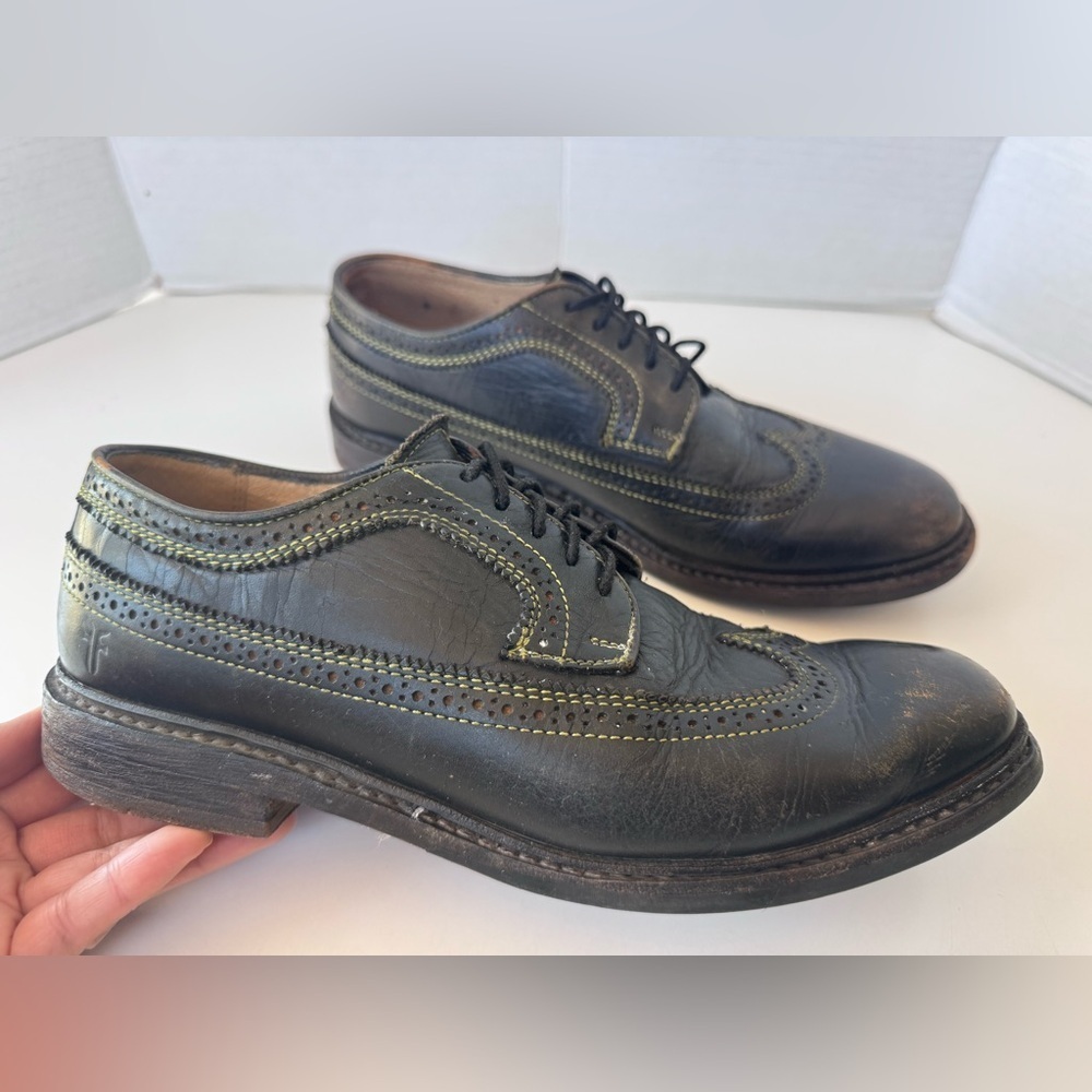 Frye Dark Distressed Lace Up Wingtip Yellow Stitching Oxford Shoes Women’s - Picture 6 of 12